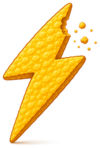 Goldener, blitzförmiger Knusperstrom-Snack mit angeknabberter Spitze und Krümeln – das Markensymbol von Knusperstrom