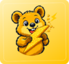 Illustriertes Knusperstrom-Maskottchen: ein lächelndes Quokka hält und knabbert genüsslich am goldenen „Knusperblitz"